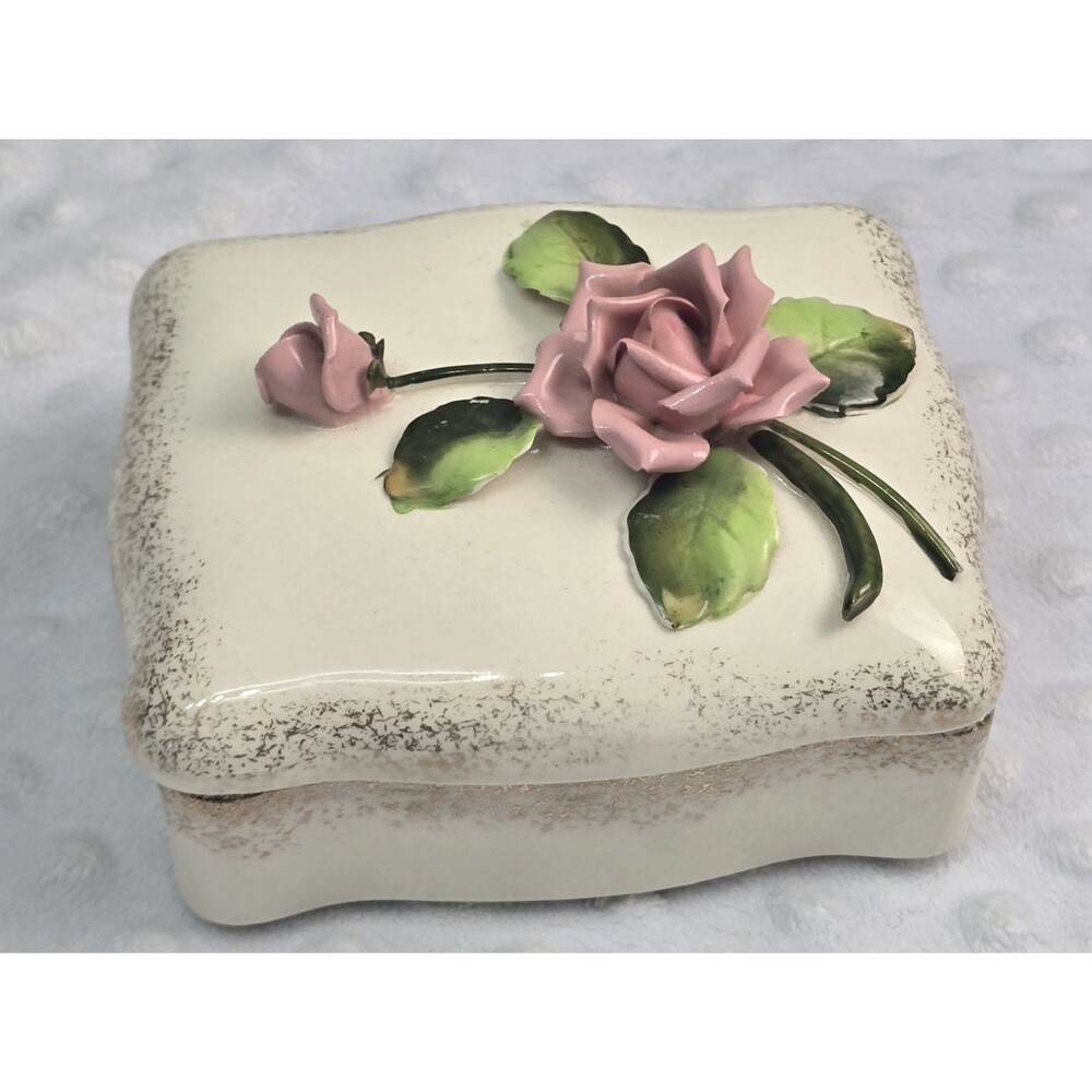 Ceramic Floral Trinket Box Hand Painted Removable Lid White Pink Green Lefton